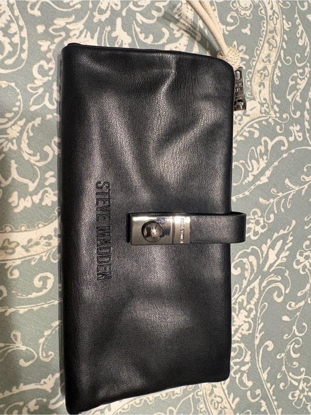 Steve Madden Black Leather Zip-Around Wristlet Clutch